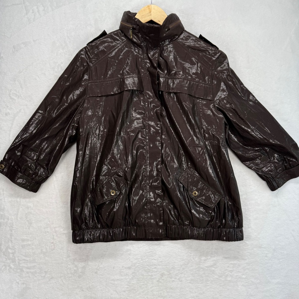 Chico's Brown Shiny Jacket 3/4 Sleeve Lightweight Coat Size 2 US L‎